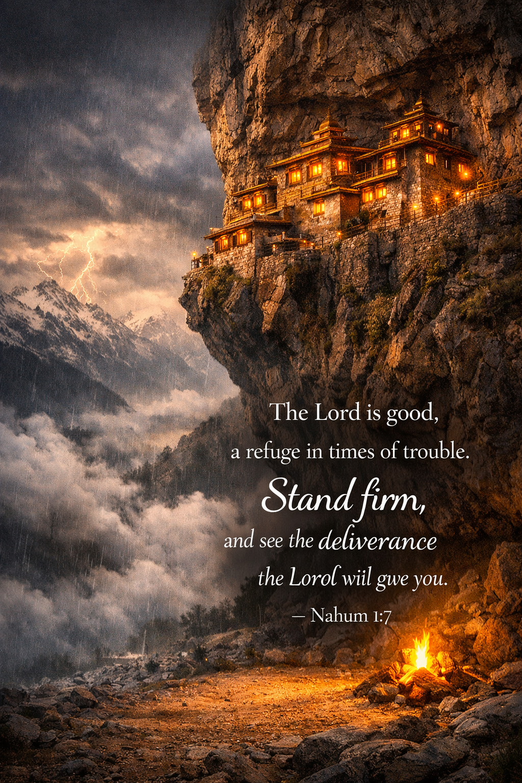 Nahum 1:7 vertical wallpaper mountain monastery above stormy valley with warm windows - refuge in trouble
